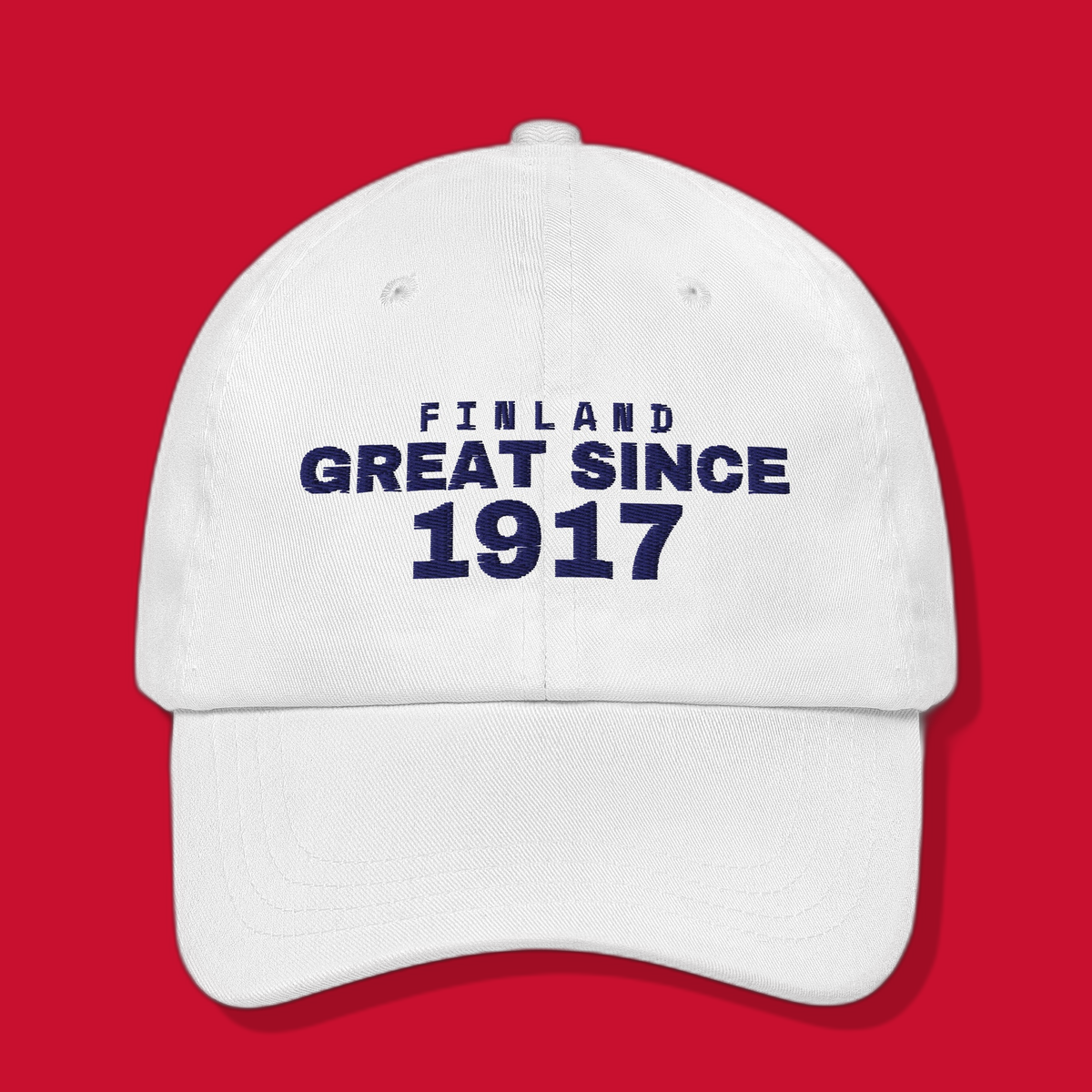 SINCE Finland dad cap, white, embroidered GREAT SINCE 1917, on red archive background