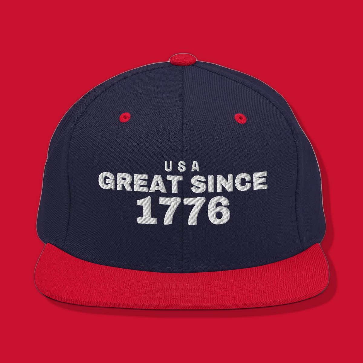 SINCE USA snapback, navy and red, embroidered GREAT SINCE 1776, on red archive background