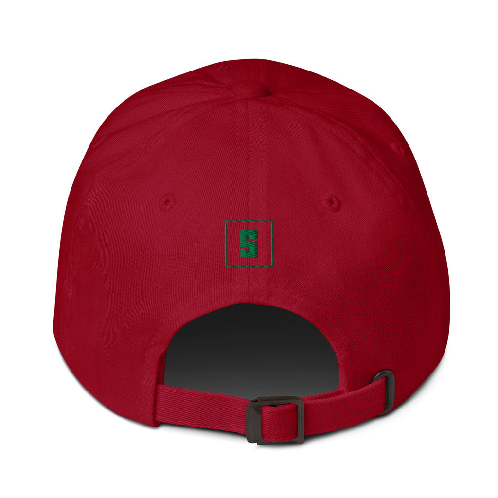 Cranberry dad cap with MOROCCO GREAT SINCE 788 embroidery