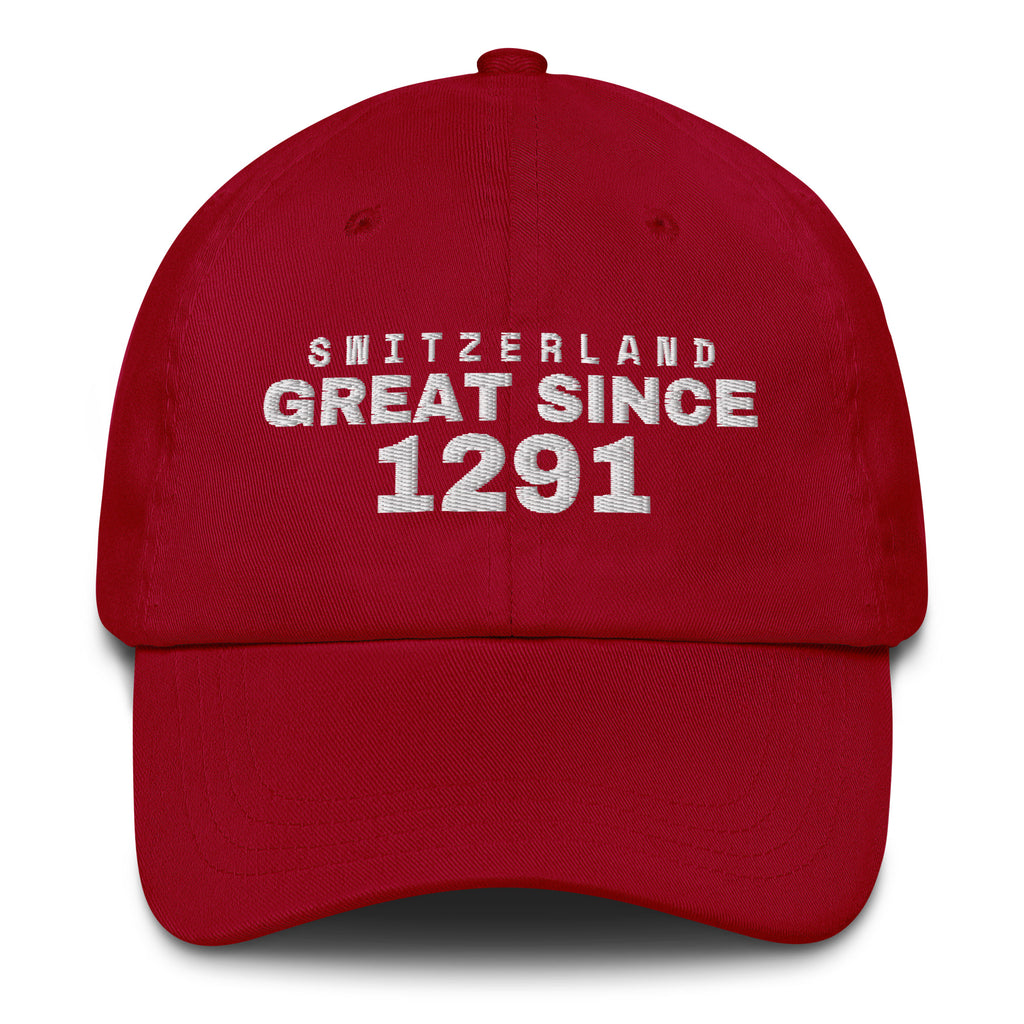 Cranberry dad cap with SWITZERLAND GREAT SINCE 1291 embroidery