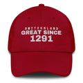 Cranberry dad cap with SWITZERLAND GREAT SINCE 1291 embroidery