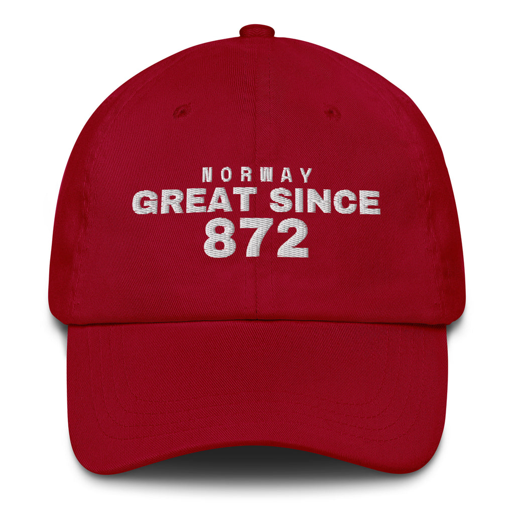 Cranberry dad cap with NORWAY GREAT SINCE 872 embroidery