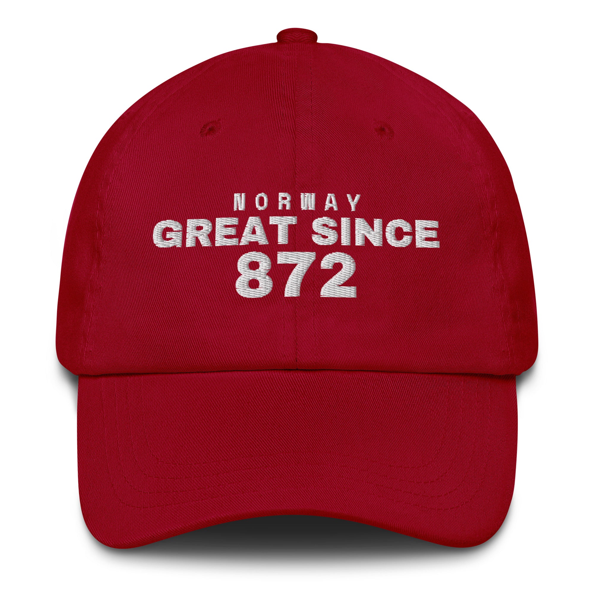 Cranberry dad cap with NORWAY GREAT SINCE 872 embroidery
