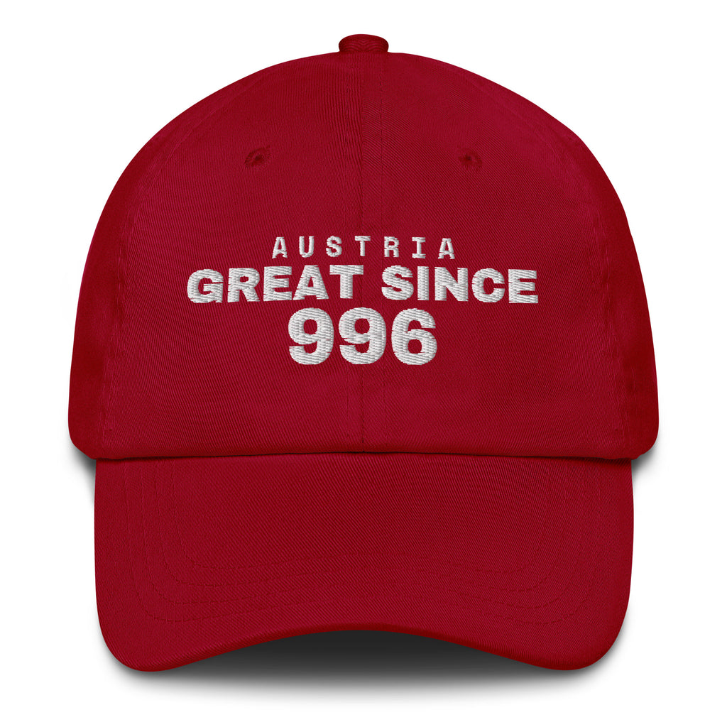 Cranberry dad cap with AUSTRIA GREAT SINCE 996 embroidery