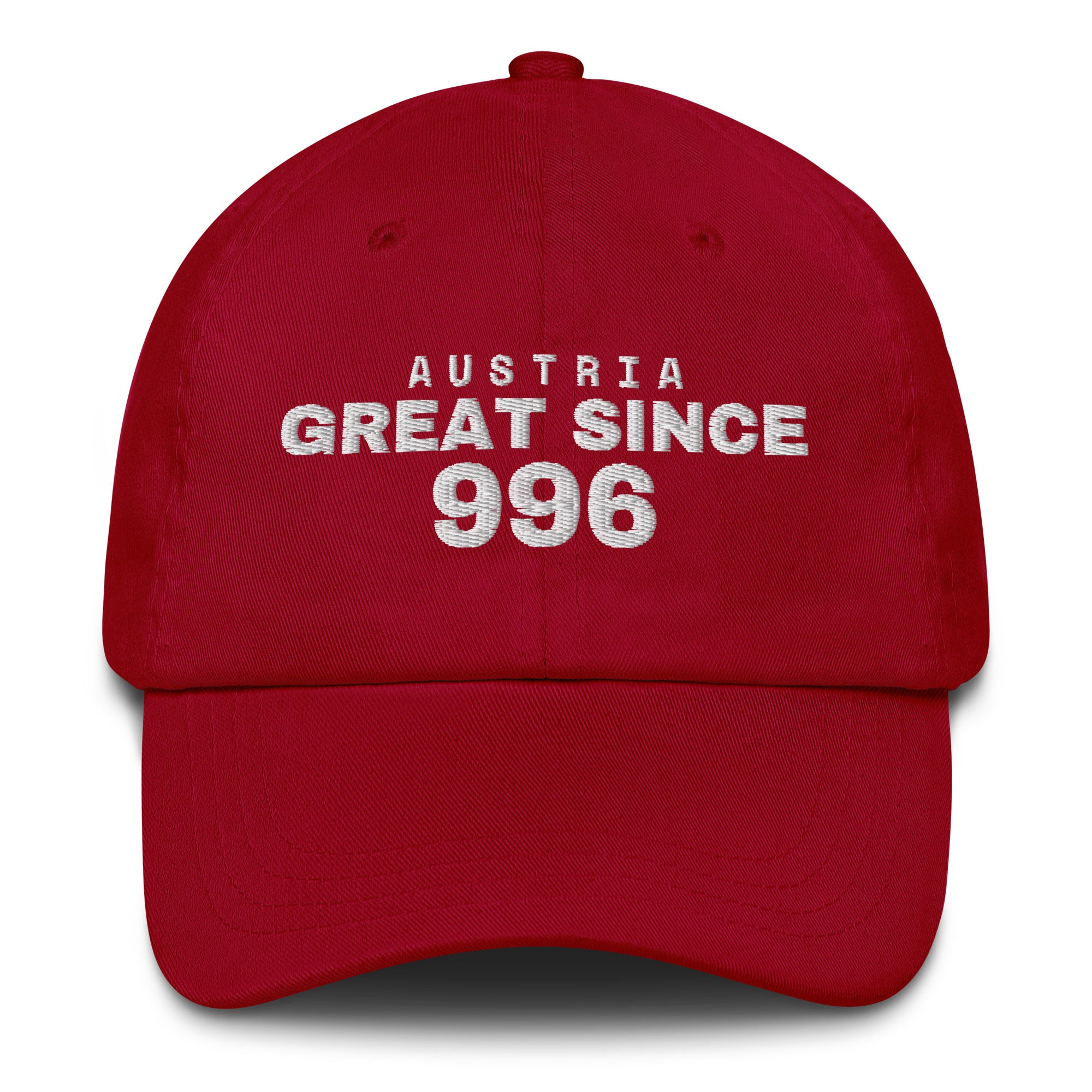 Cranberry dad cap with AUSTRIA GREAT SINCE 996 embroidery