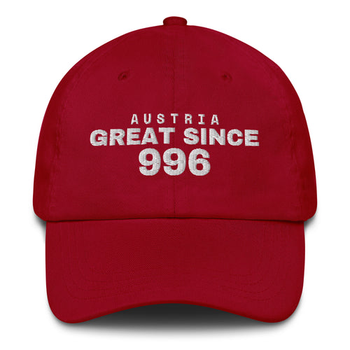 Cranberry dad cap with AUSTRIA GREAT SINCE 996 embroidery