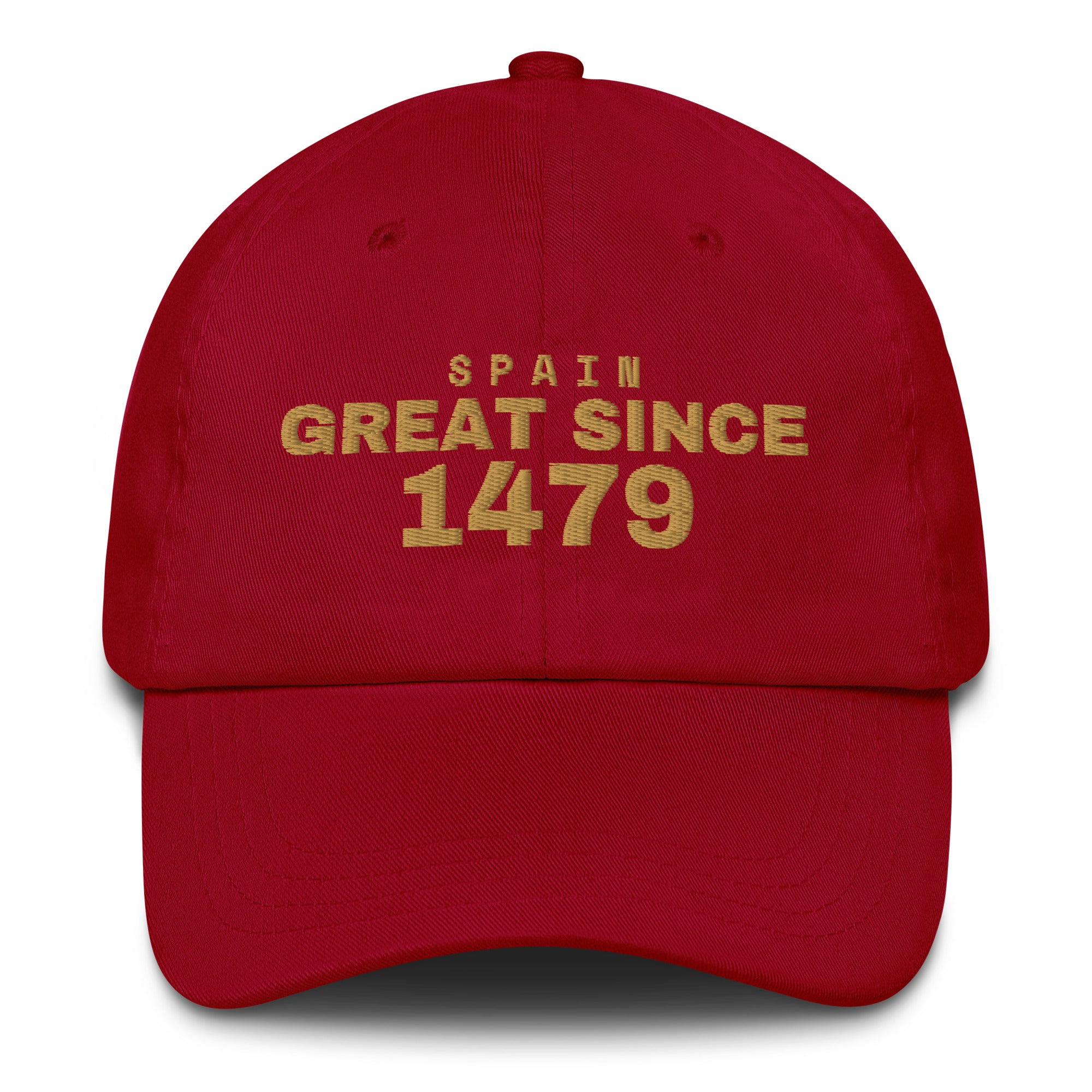 Cranberry dad cap with SPAIN GREAT SINCE 1479 embroidery