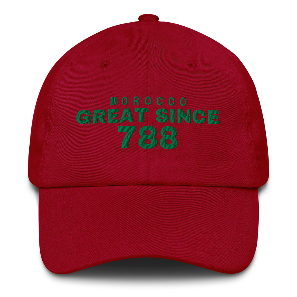 Cranberry dad cap with MOROCCO GREAT SINCE 788 embroidery
