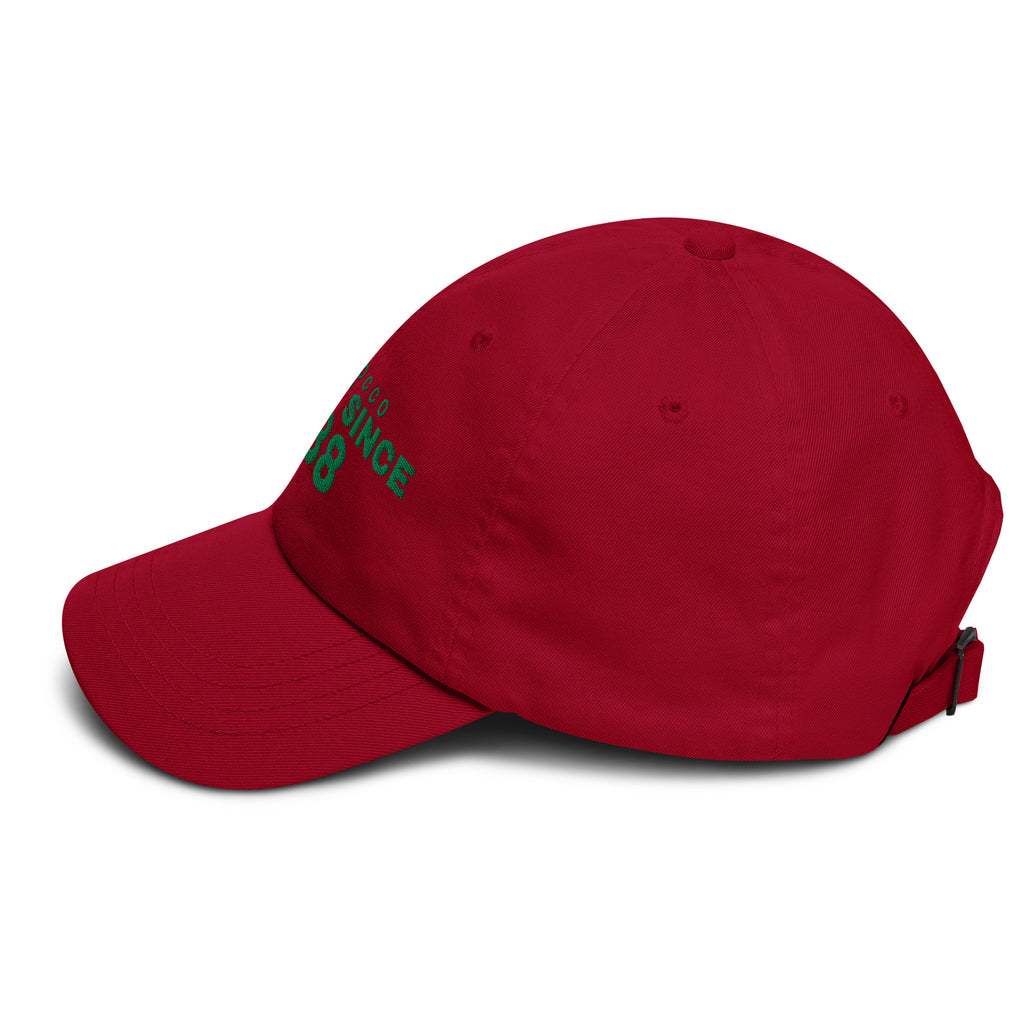 Cranberry dad cap with MOROCCO GREAT SINCE 788 embroidery