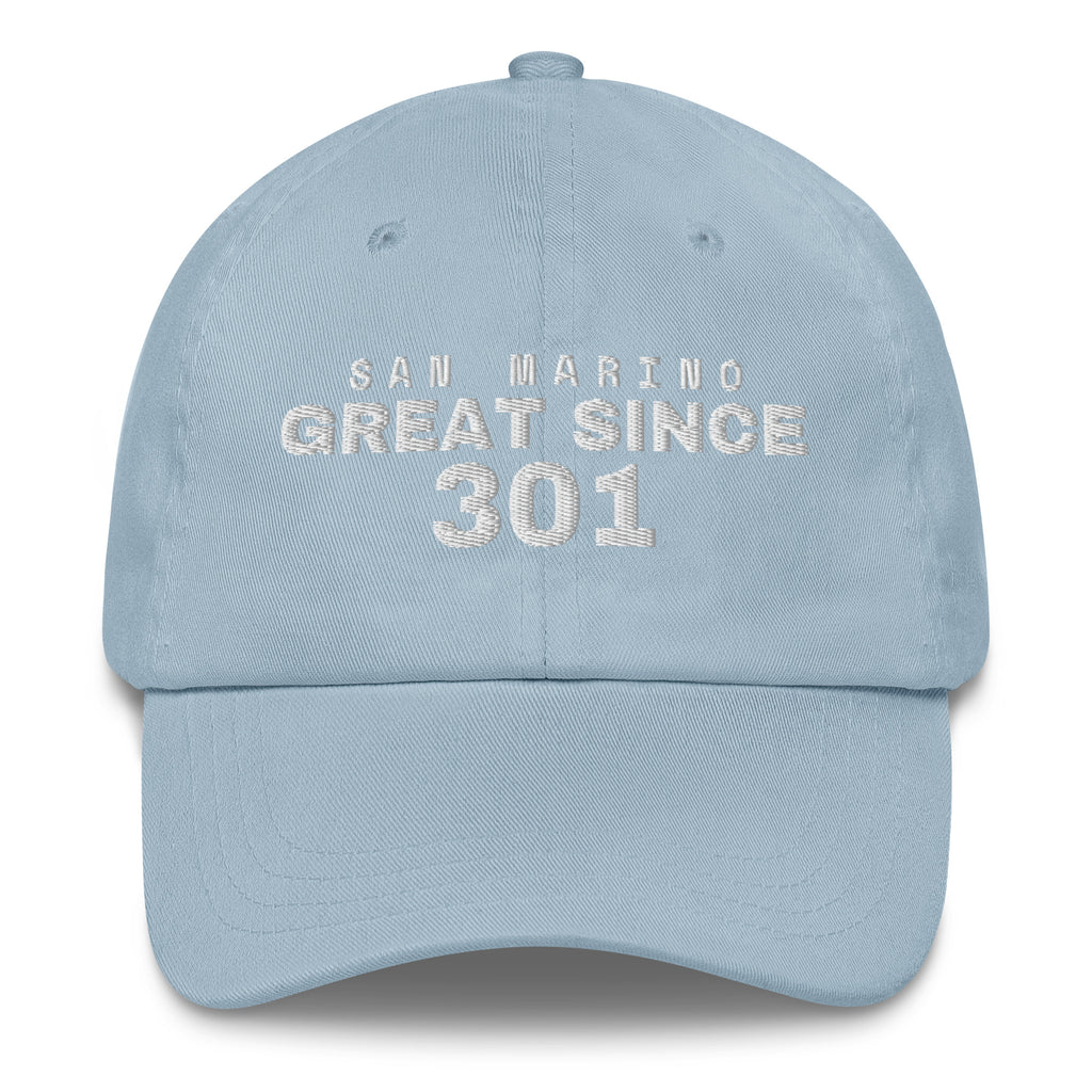 Light blue dad cap with SAN MARINO GREAT SINCE 301 embroidery