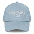 Light blue dad cap with SAN MARINO GREAT SINCE 301 embroidery