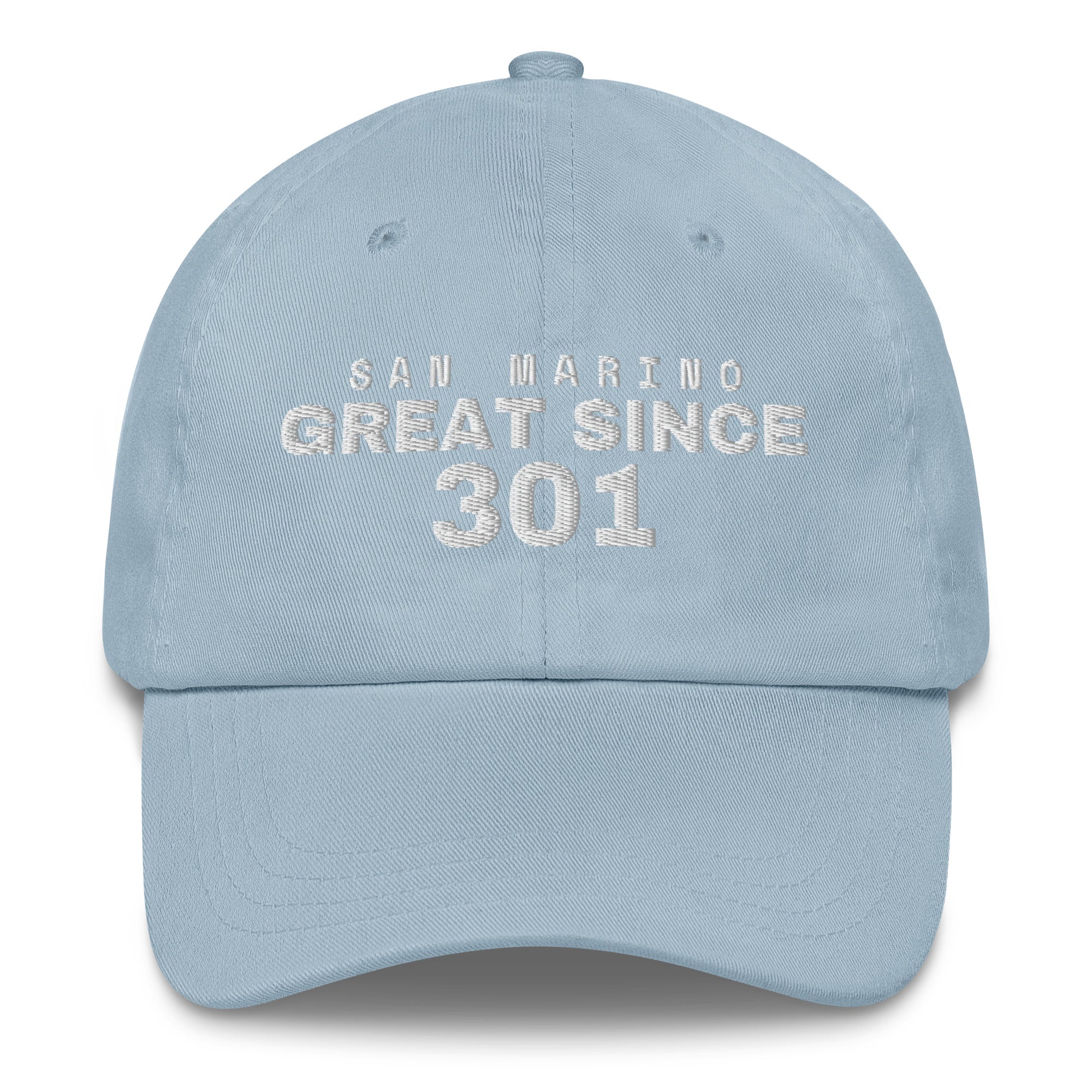 Light blue dad cap with SAN MARINO GREAT SINCE 301 embroidery