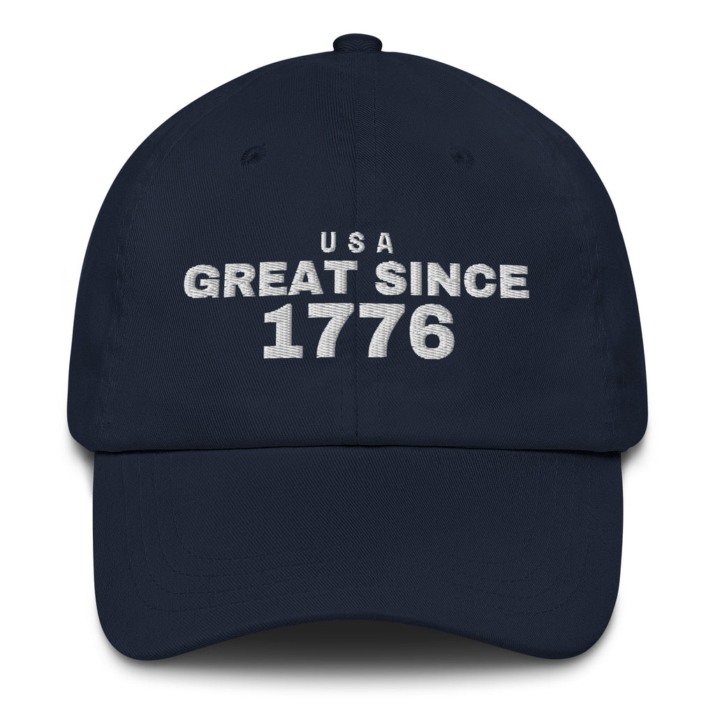 Navy dad cap with USA GREAT SINCE 1776 embroidery