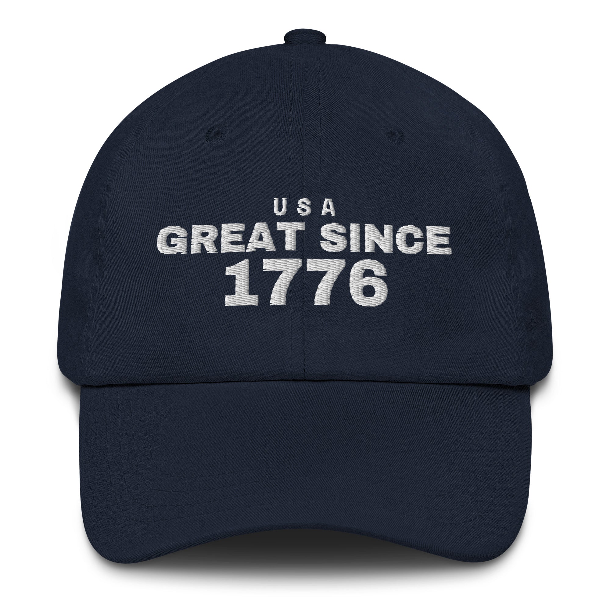 Navy dad cap with USA GREAT SINCE 1776 embroidery