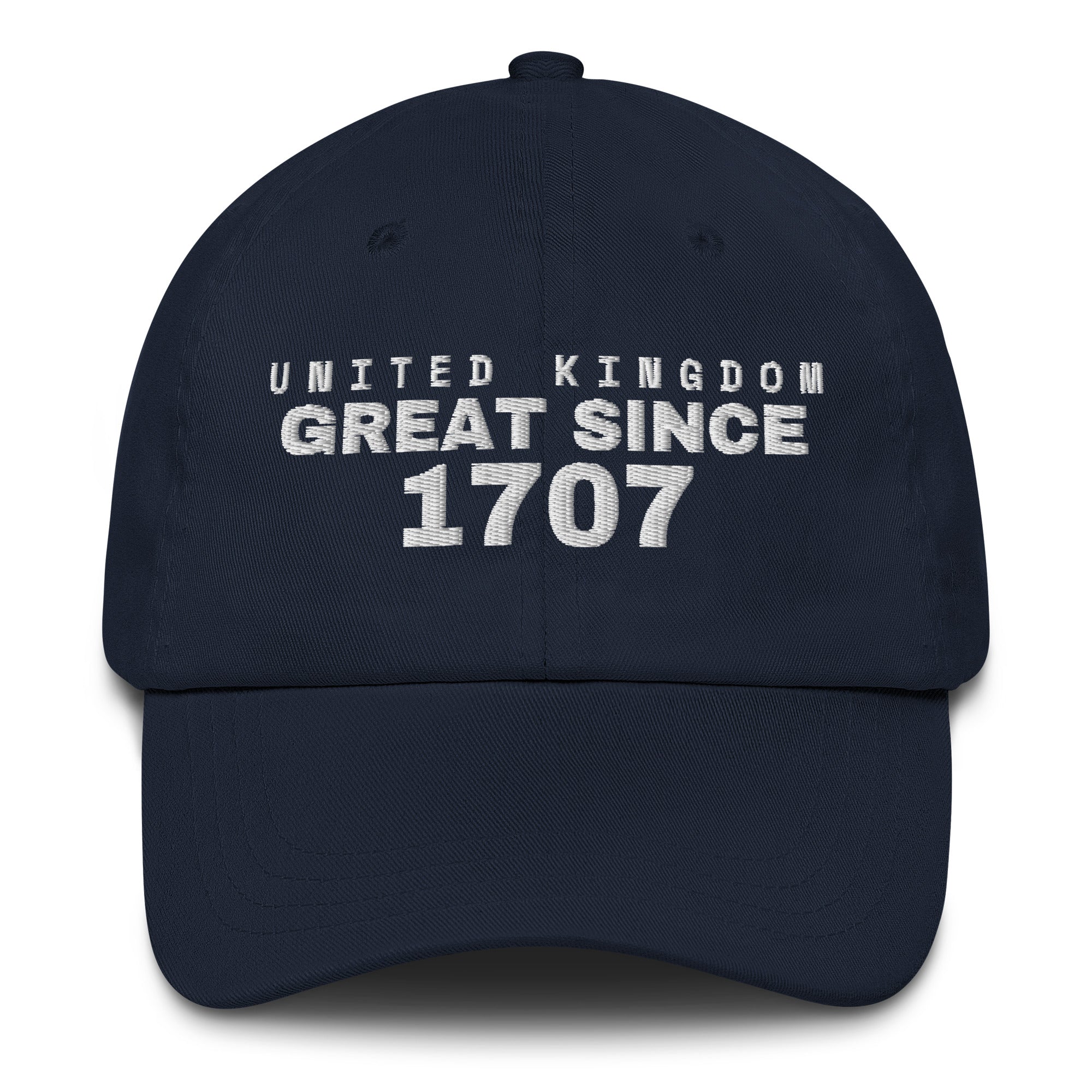 Navy dad cap with UNITED KINGDOM GREAT SINCE 1707 embroidery