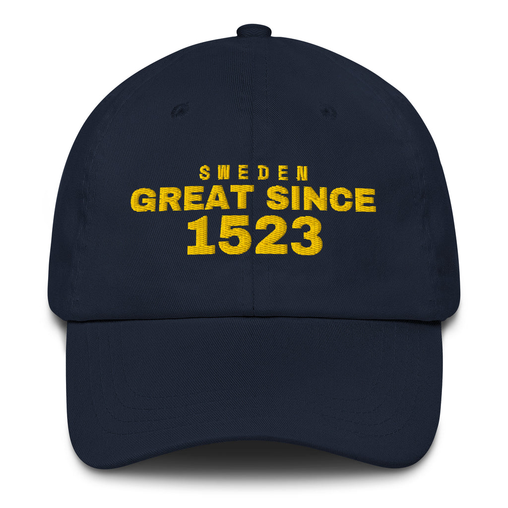Navy dad cap with SWEDEN GREAT SINCE 1523 embroidery