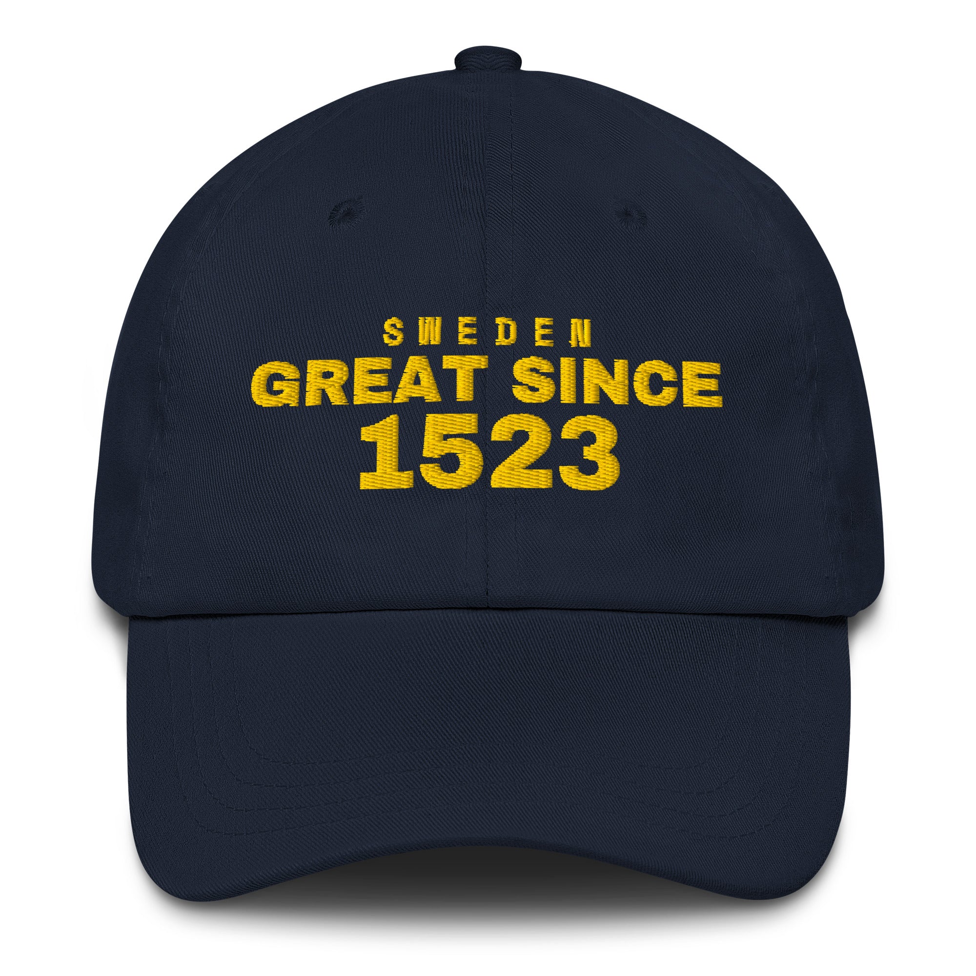 Navy dad cap with SWEDEN GREAT SINCE 1523 embroidery
