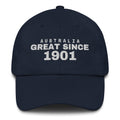 Navy dad cap with AUSTRALIA GREAT SINCE 1901 embroidery