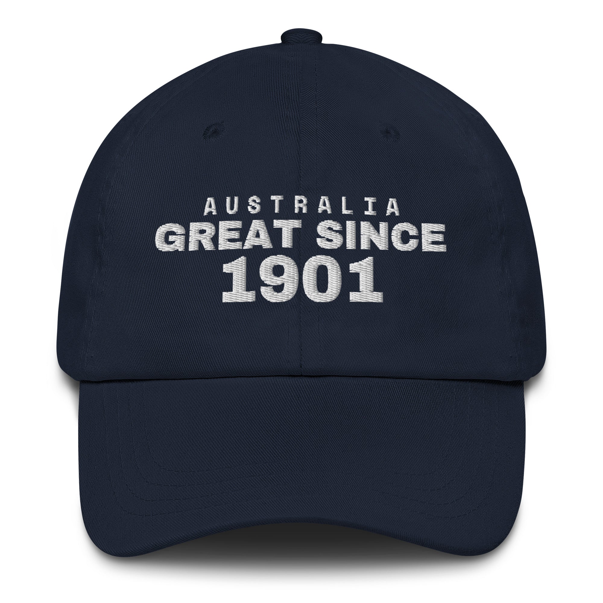 Navy dad cap with AUSTRALIA GREAT SINCE 1901 embroidery