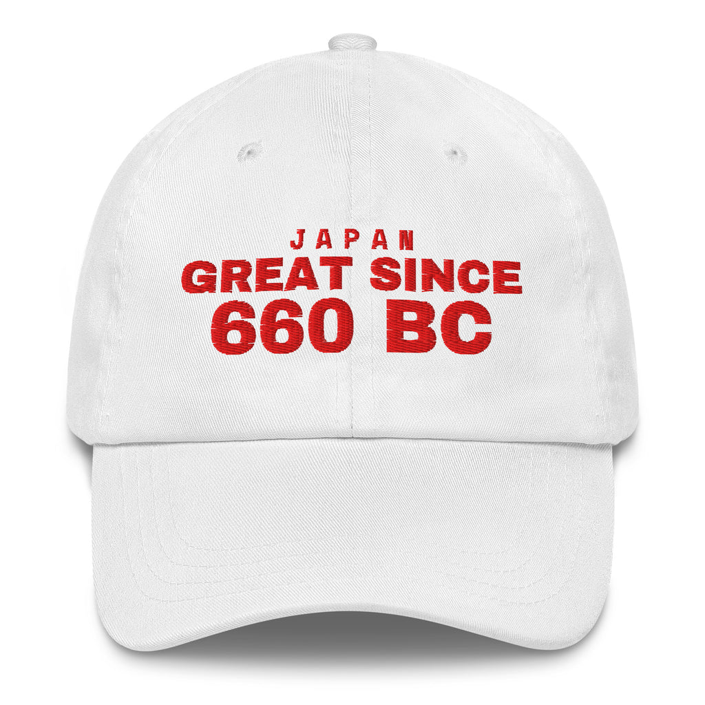 White dad cap with JAPAN GREAT SINCE 660 BC embroidery