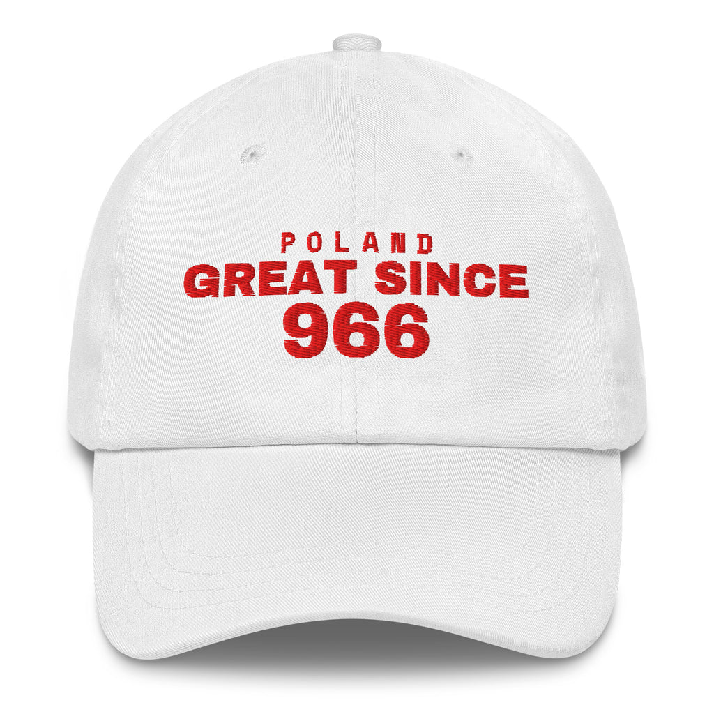 White dad cap with POLAND GREAT SINCE 966 embroidery