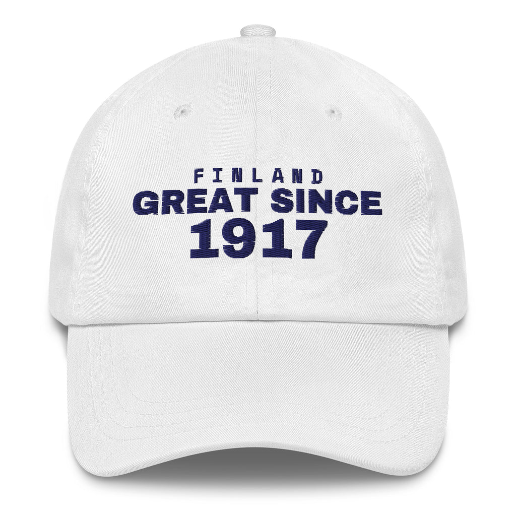 White dad cap with FINLAND GREAT SINCE 1917 embroidery