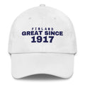 White dad cap with FINLAND GREAT SINCE 1917 embroidery