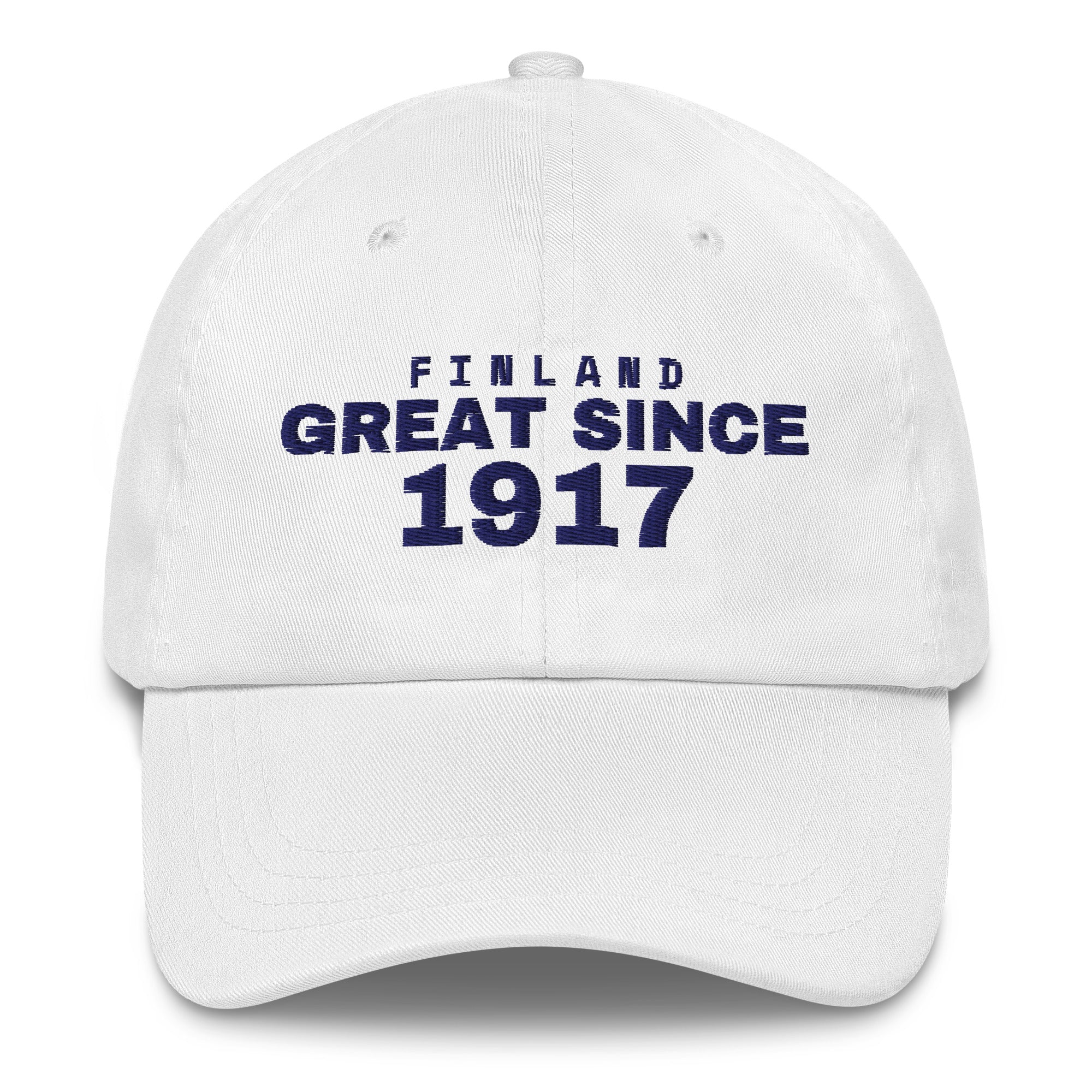 White dad cap with FINLAND GREAT SINCE 1917 embroidery