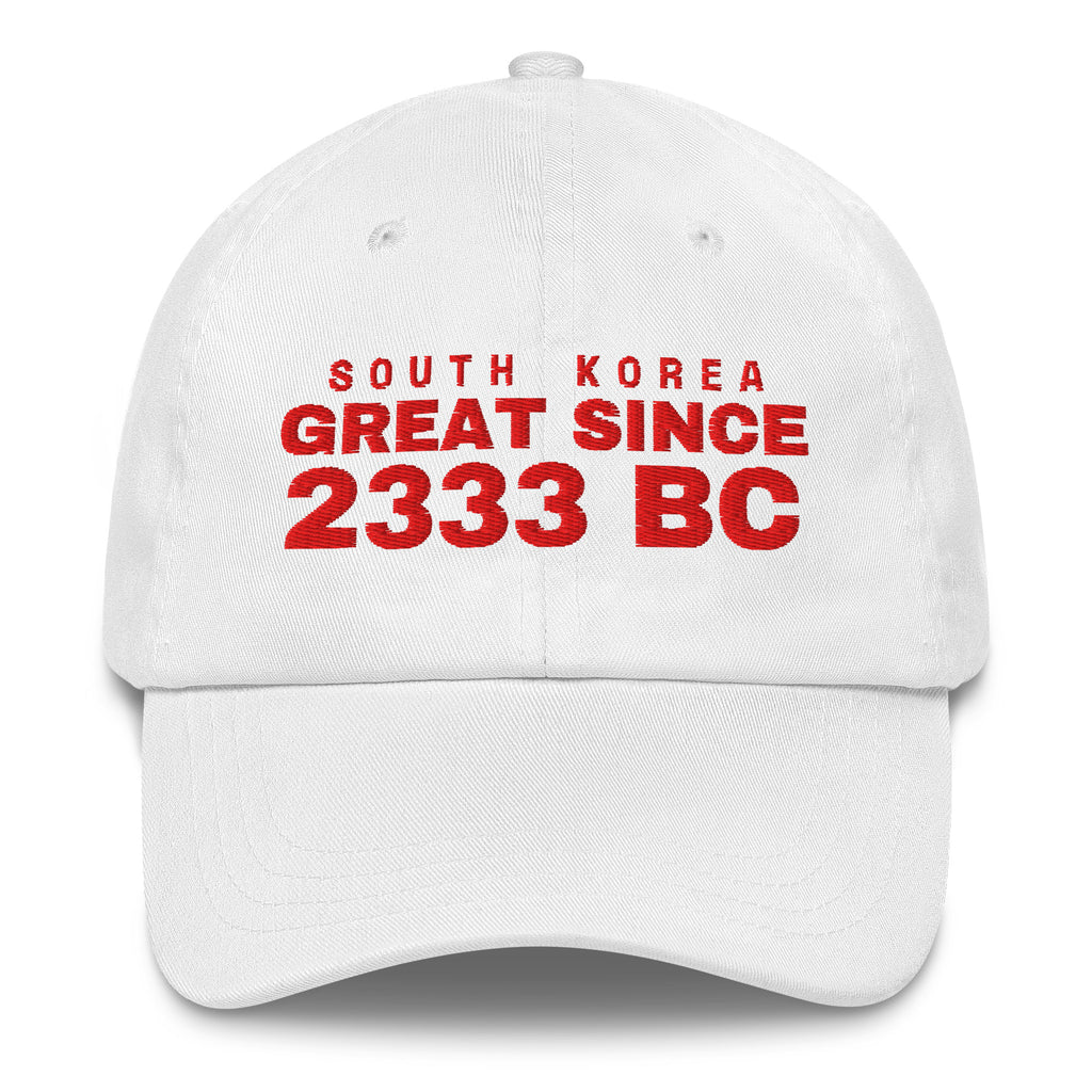 White dad cap with SOUTH KOREA GREAT SINCE 2333 BC embroidery