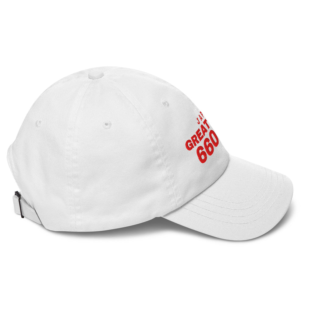 White dad cap with JAPAN GREAT SINCE 660 BC embroidery