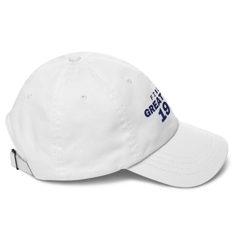 White dad cap with FINLAND GREAT SINCE 1917 embroidery