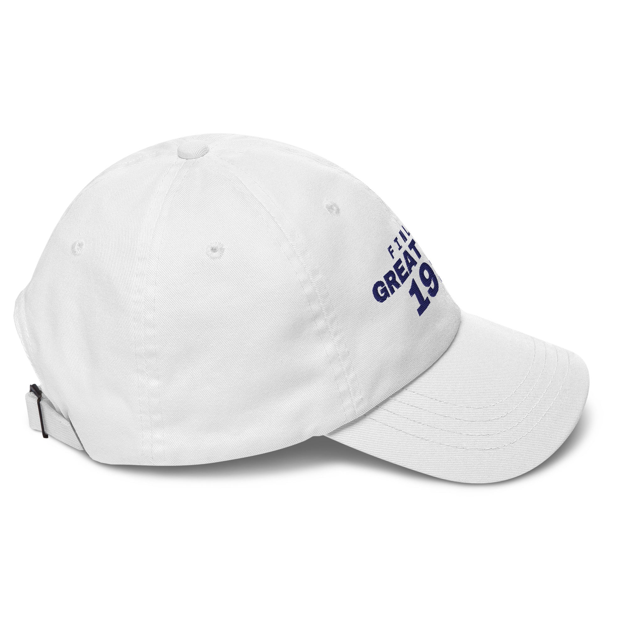 White dad cap with FINLAND GREAT SINCE 1917 embroidery