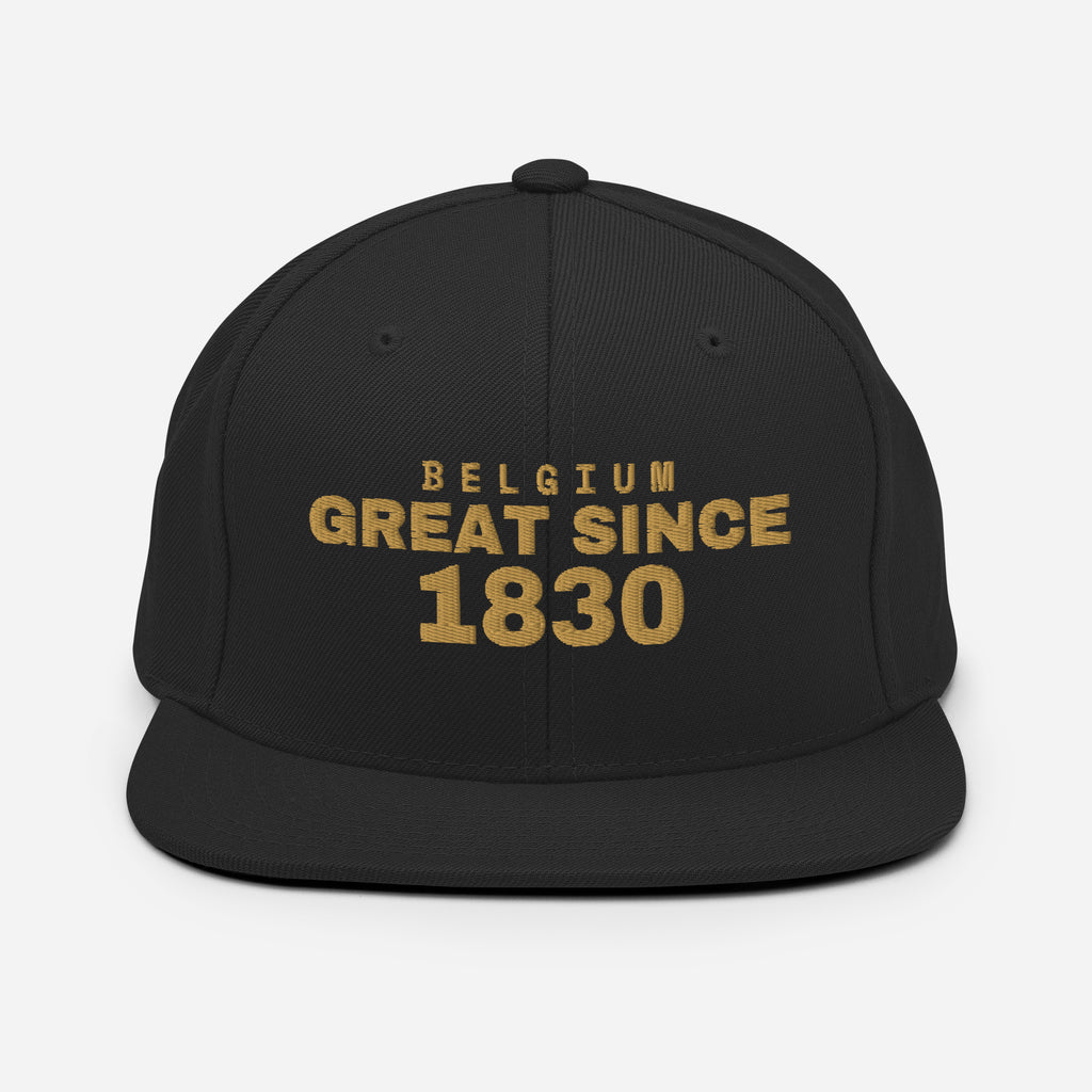 Black snapback cap with BELGIUM GREAT SINCE 1830 embroidery