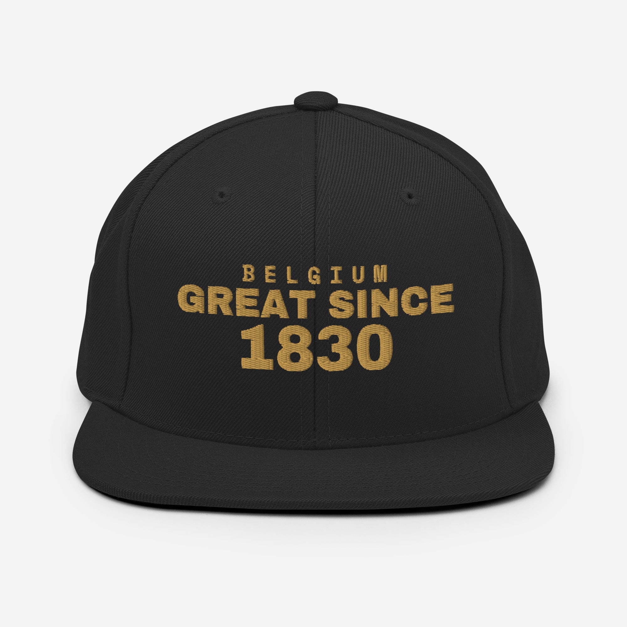 Black snapback cap with BELGIUM GREAT SINCE 1830 embroidery