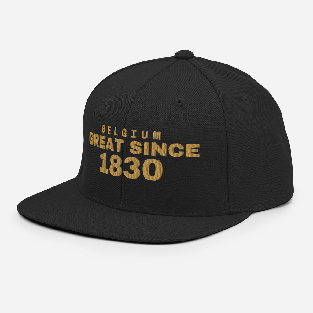 Black snapback cap with BELGIUM GREAT SINCE 1830 embroidery