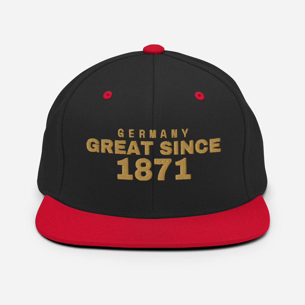 Black and red snapback cap with GERMANY GREAT SINCE 1871 embroidery