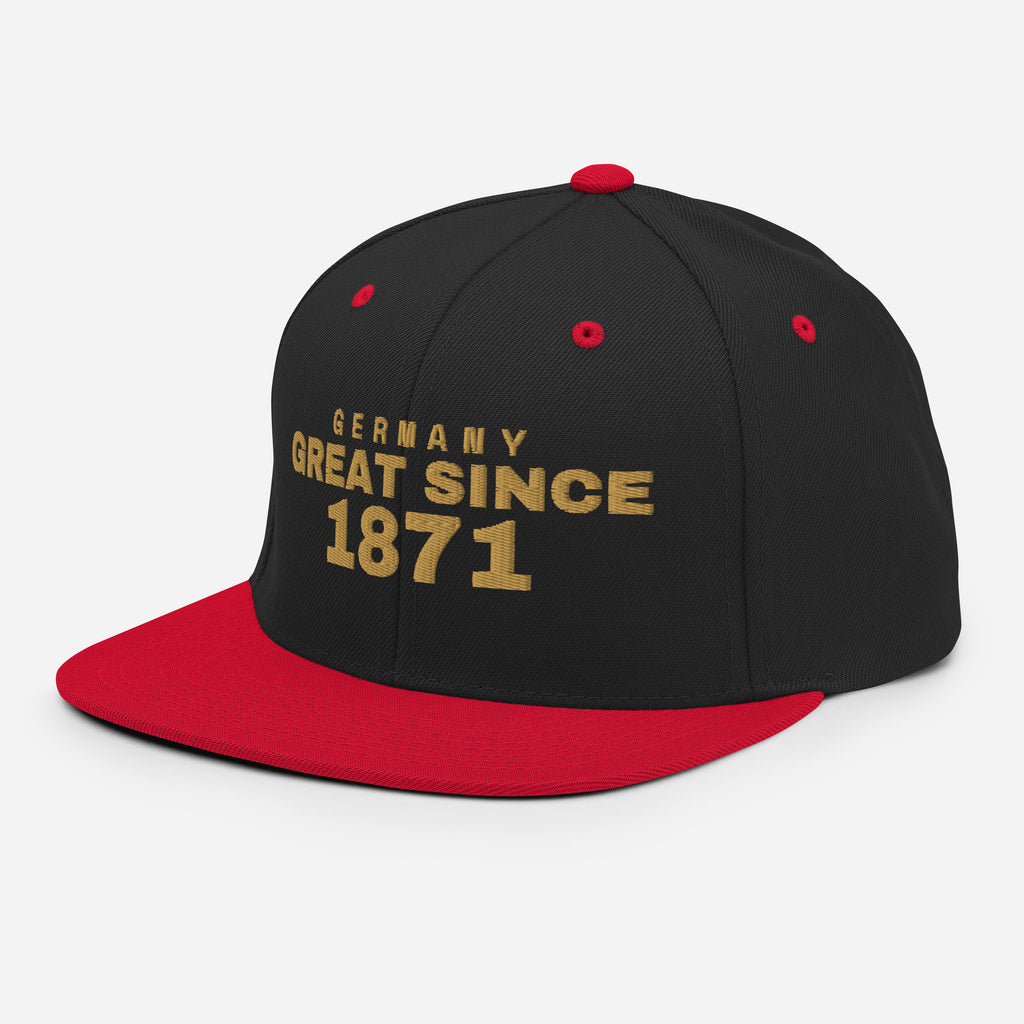 Black and red snapback cap with GERMANY GREAT SINCE 1871 embroidery
