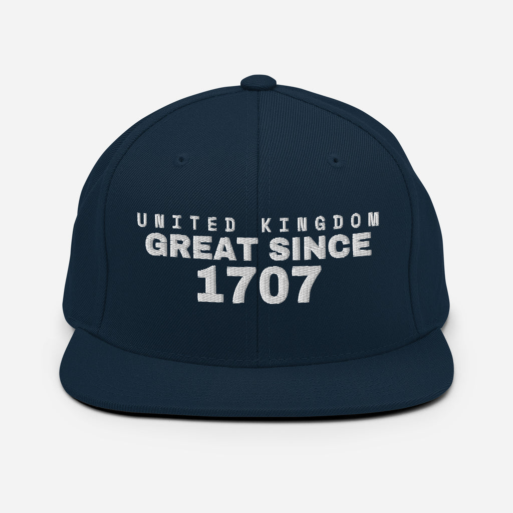 Dark navy snapback cap with UNITED KINGDOM GREAT SINCE 1707 embroidery