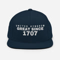 Dark navy snapback cap with UNITED KINGDOM GREAT SINCE 1707 embroidery