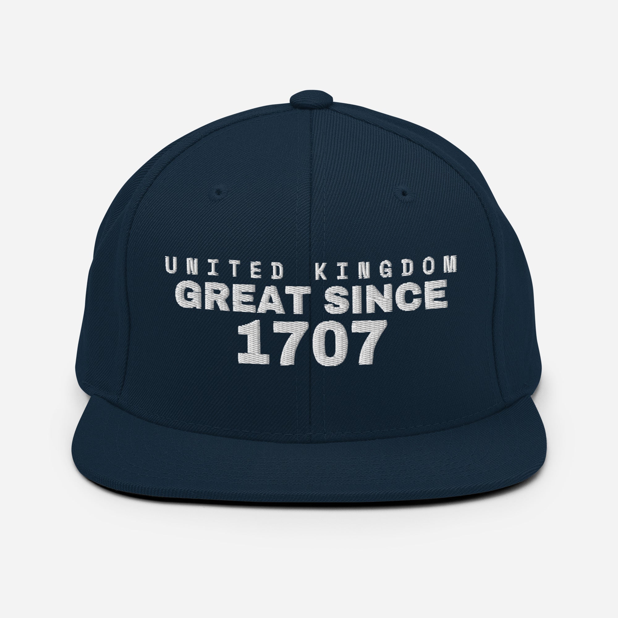 Dark navy snapback cap with UNITED KINGDOM GREAT SINCE 1707 embroidery