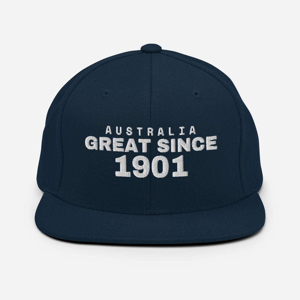 Navy snapback cap with AUSTRALIA GREAT SINCE 1901 embroidery