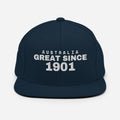 Navy snapback cap with AUSTRALIA GREAT SINCE 1901 embroidery