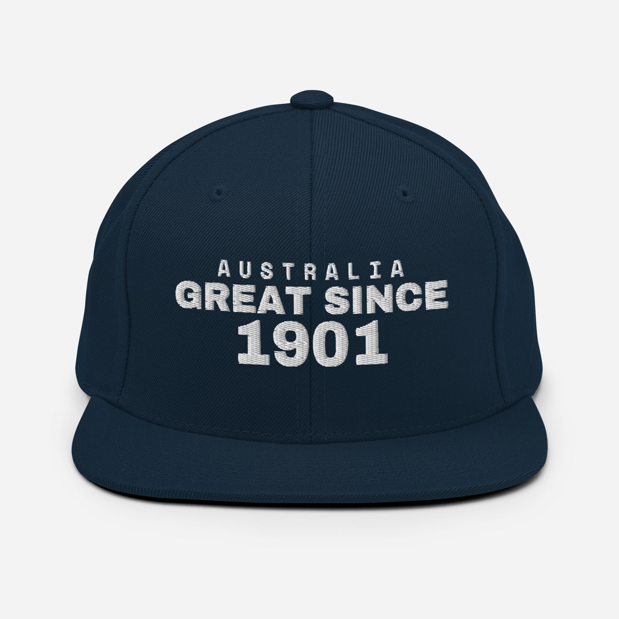 Navy snapback cap with AUSTRALIA GREAT SINCE 1901 embroidery