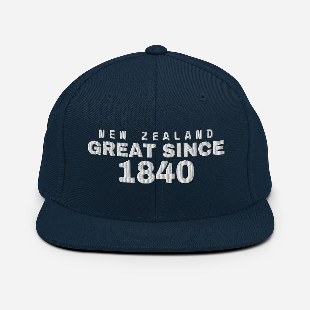 Navy snapback cap with NEW ZEALAND GREAT SINCE 1840 embroidery