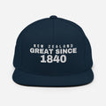 Navy snapback cap with NEW ZEALAND GREAT SINCE 1840 embroidery