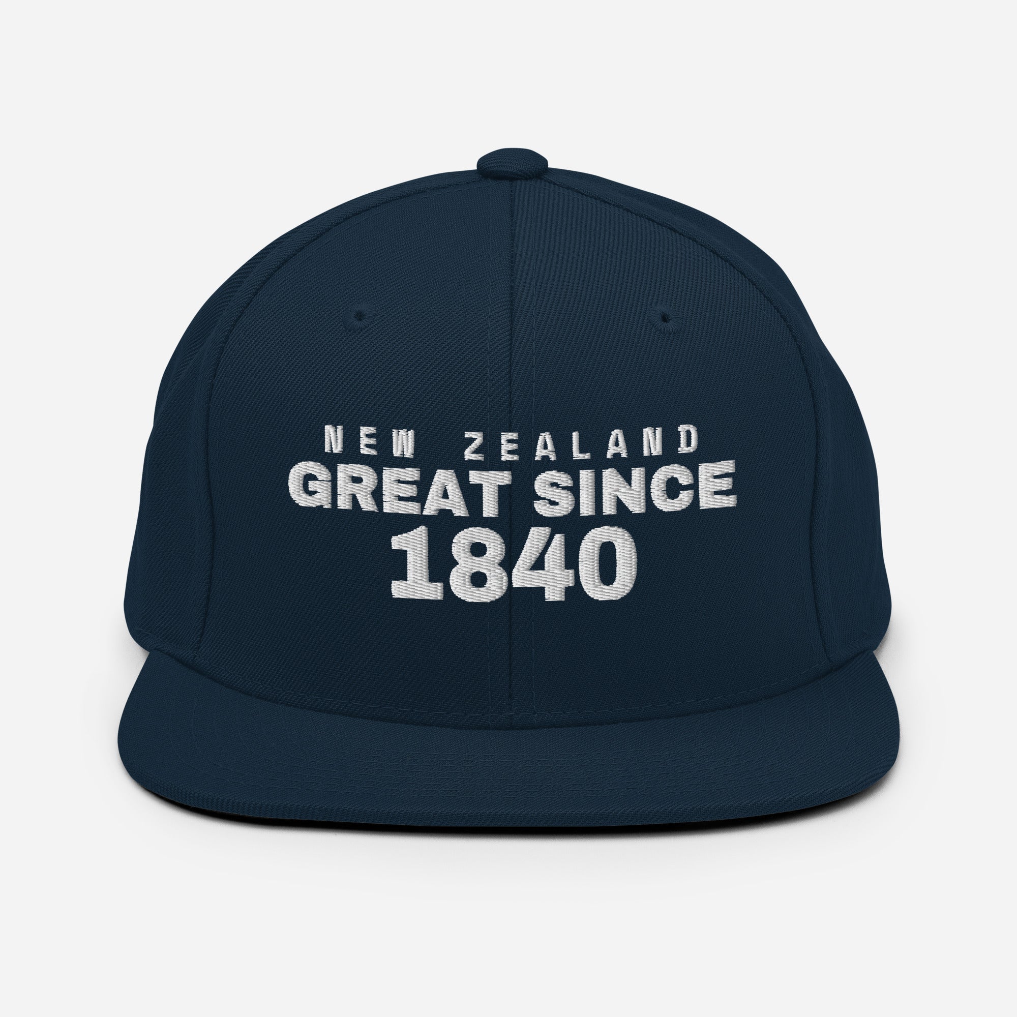 Navy snapback cap with NEW ZEALAND GREAT SINCE 1840 embroidery