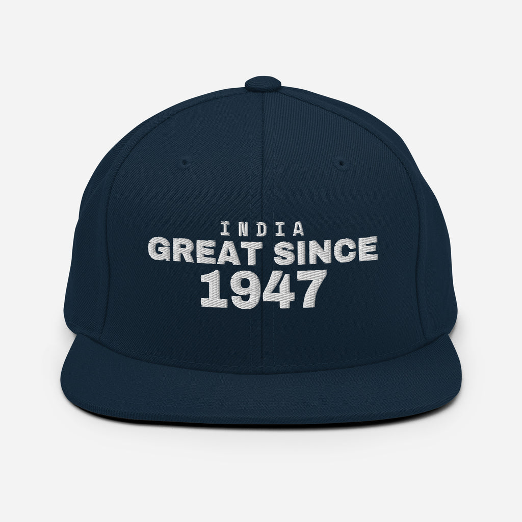 Navy snapback cap with INDIA GREAT SINCE 1947 embroidery