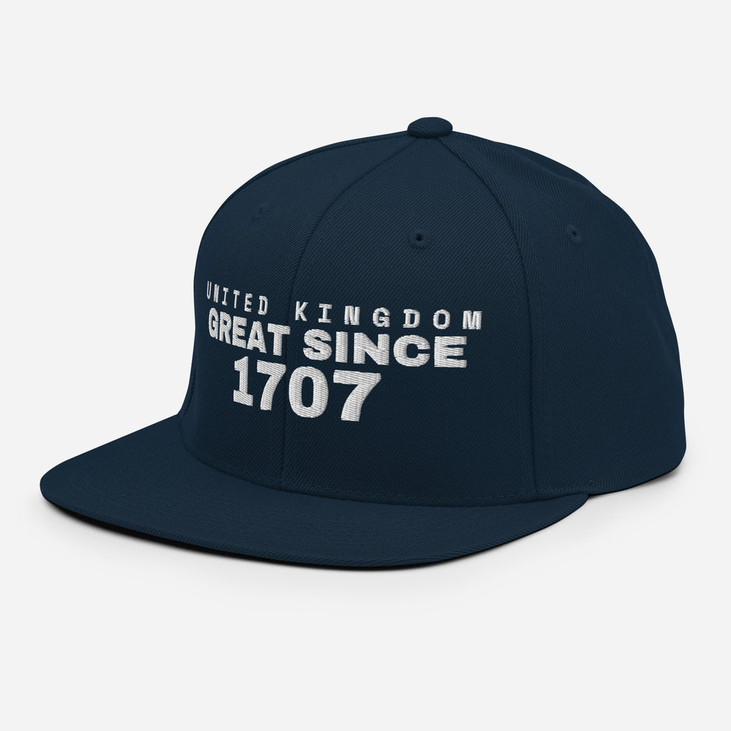 Dark navy snapback cap with UNITED KINGDOM GREAT SINCE 1707 embroidery