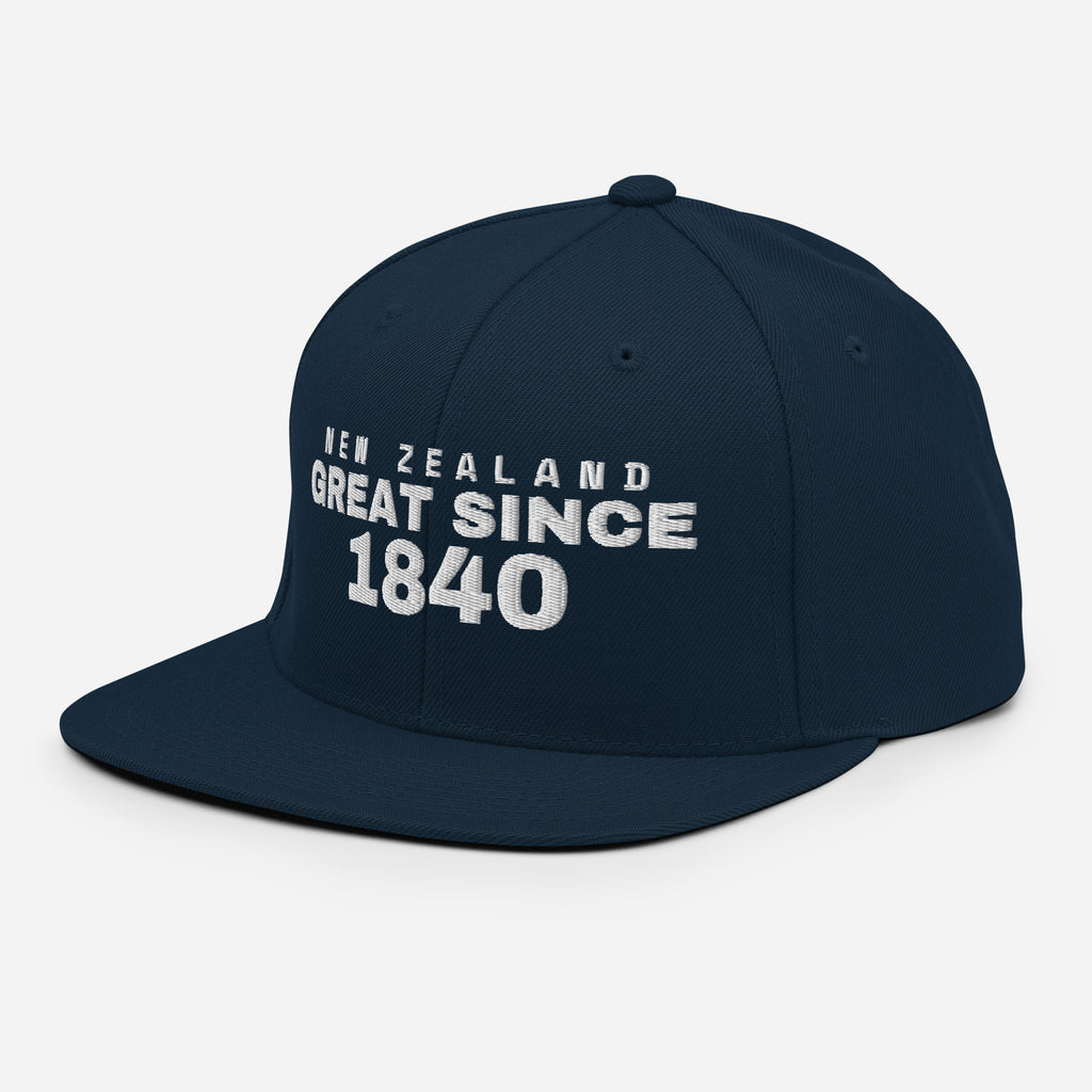 Navy snapback cap with NEW ZEALAND GREAT SINCE 1840 embroidery