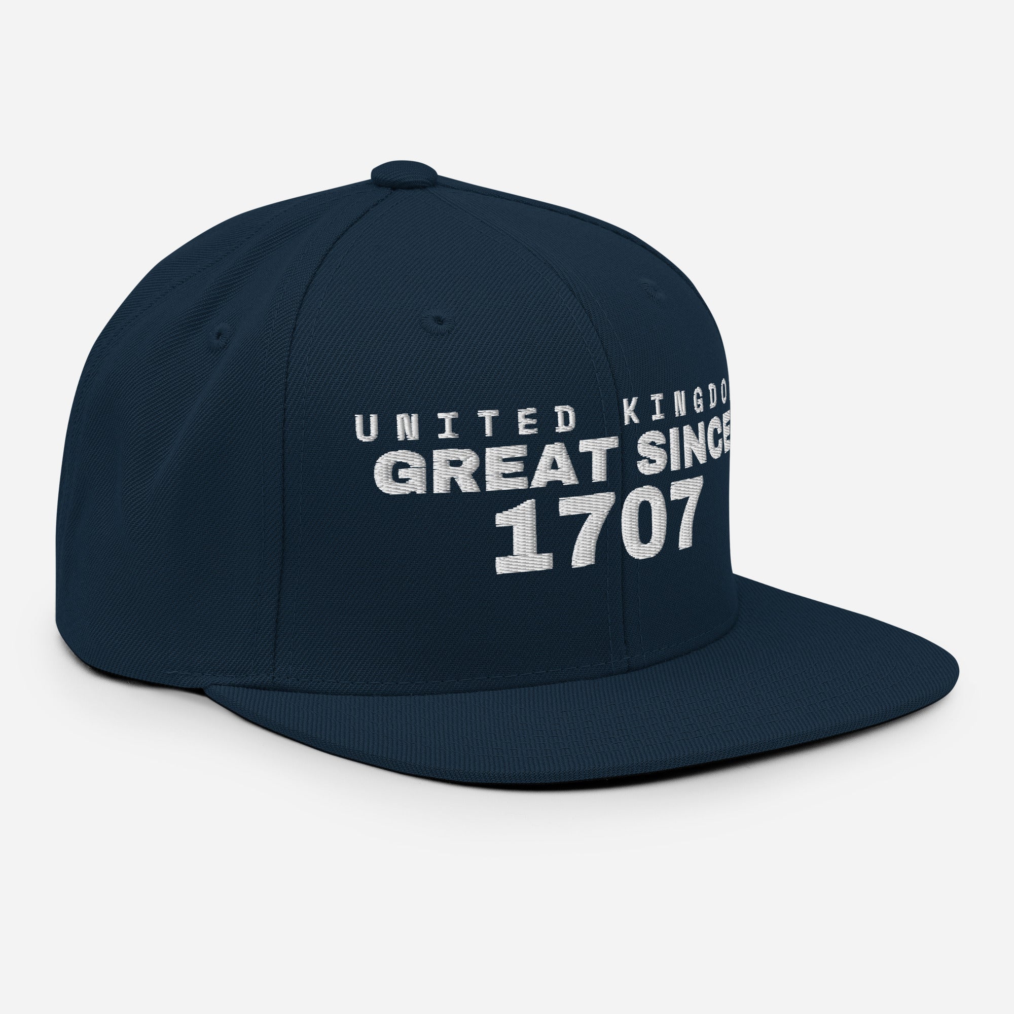 Dark navy snapback cap with UNITED KINGDOM GREAT SINCE 1707 embroidery